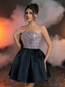 SHEIN Belle Woman Elegant And Gorgeous Pink Sequin Stitching Black Satin Tube Bubble Dress, Suitable For New Year Evening Bachelor Party Birthday Date Back To School Season, Wedding Prom Dress, Wedding Guest Dress - Multicolor - View 3