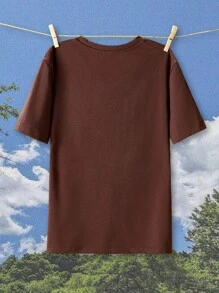 Tseoso 1 件女士休闲花卉印花圆领短袖常规版型夏季棉质 T 恤 - 巧克力棕 - 查看 4