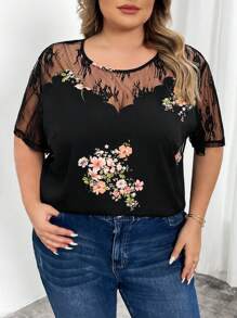 SHEIN CURVE+ 大码女式夏季蕾丝花卉撞色网眼短袖波西米亚风度假衬衫