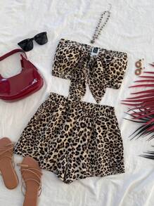 Soleia Women Leopard Print Vacation Casual Cropped Top And Shorts Set, Suitable For Summer And Spring - Multicolor - View 3