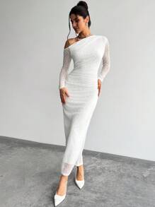 Firerie 优雅简约浪漫迷人时尚 Ins 风格女式白色长袖修身连衣裙，采用纹理面料，斜肩，适合情人节、约会、日常、派对 - 白色 - 查看 4