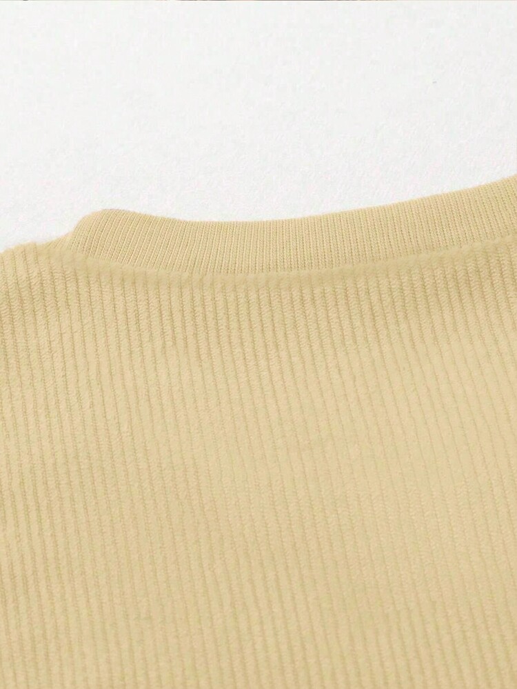 INAWLY Women Stylish Vertical Yellow Daisy Print Long Sleeve Rib-Knit T-Shirt Graphic Tees Women Tops For Spring - Apricot - View 3