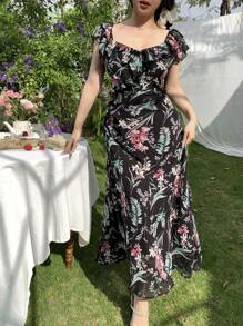 DAZY Vestido de gasa con estampado floral pequeño, vestido corto de manga corta con volantes y estampado floral pequeño por todo el vestido para mujeres, outfit para crucero