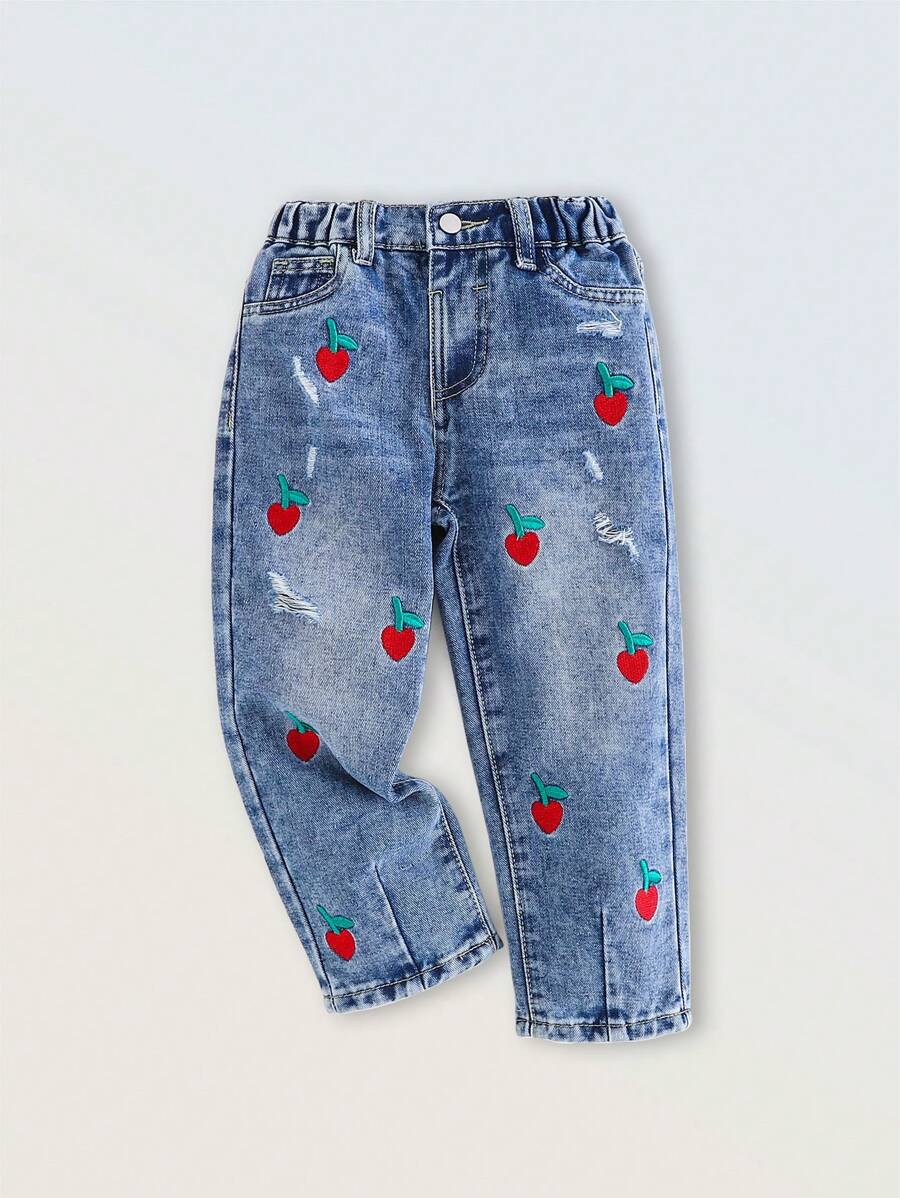 Denimly 女童中号水洗蓝可爱刺绣休闲宽松牛仔裤 - 中等水洗藍 - 查看 1