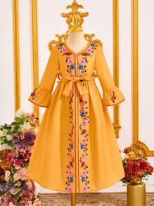 Young Girl' Yellow Abaya Kaftan Jalabiya Tunic, Elegant Modest Clothing For Ramadan & Eid Al-Adha, Holiday Dress With Sash Waist Tie And Printed Pattern - Multicolor - View 1