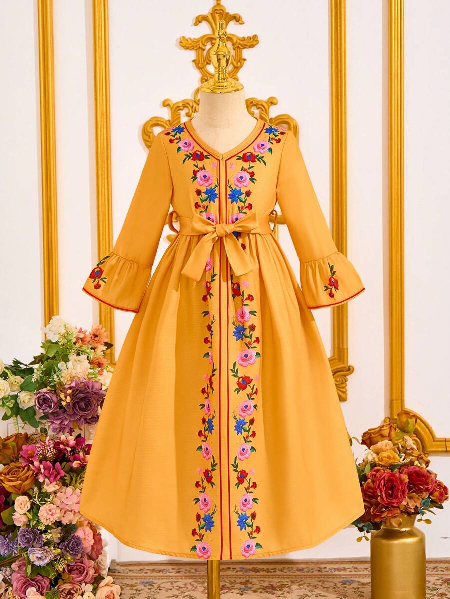 Young Girl' Yellow Abaya Kaftan Jalabiya Tunic, Elegant Modest Clothing For Ramadan & Eid Al-Adha, Holiday Dress With Sash Waist Tie And Printed Pattern - Multicolor - View 1