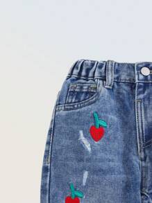 Denimly 女童中号水洗蓝可爱刺绣休闲宽松牛仔裤 - 中等水洗藍 - 查看 3