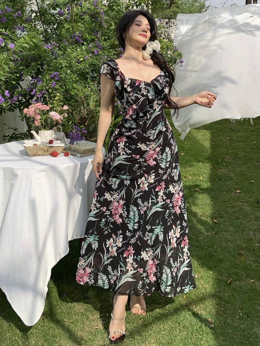 DAZY 碎花雪纺连衣裙，碎花印花，荷叶边下摆，短袖，适合女士邮轮度假、复活节等场合穿着。 - 藏蓝色 - 查看 1