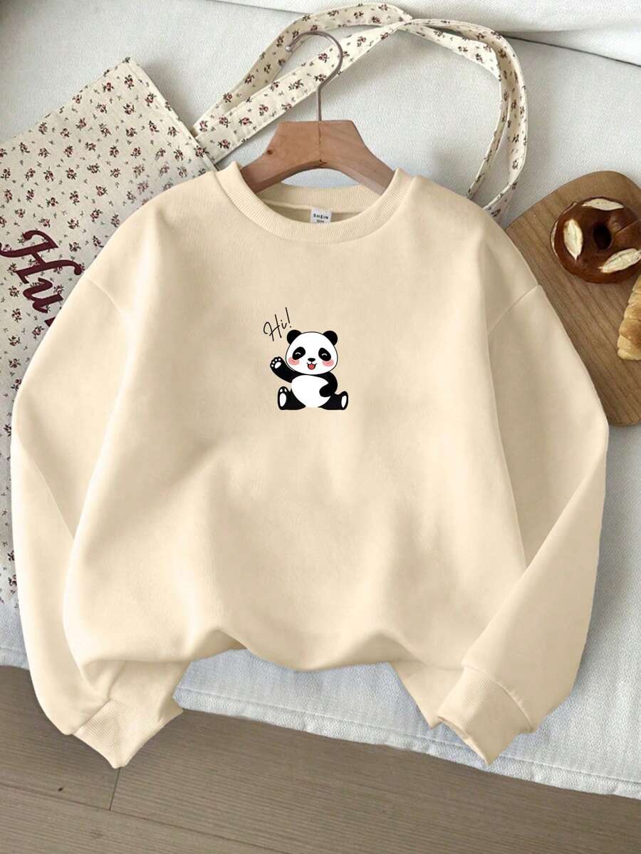 Sudadera casual de cuello redondo con estampado de oso panda linda para niñas preadolescentes, cómoda para deportes al aire libre en primavera y otoño - Albaricoque - Ver 1