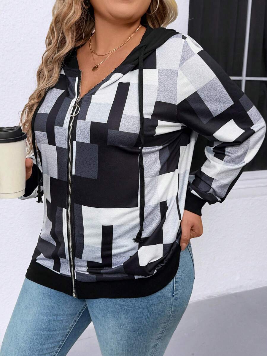 INAWLY Sudadera casual con capucha y cremallera con estampado geométrico para mujer talla grande, primavera y otoño, para graduación, maestros y vuelta al colegio en otoño e invierno - Multicolor - Ver 1