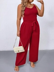 Plus Size Solid Color Spaghetti Strap Casual Top And Pants 2 Pieces Set - Red - View 1