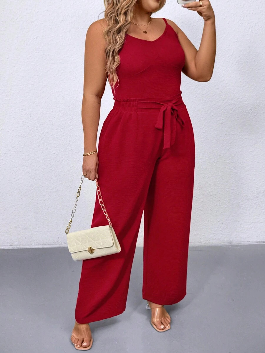 Plus Size Solid Color Spaghetti Strap Casual Top And Pants 2 Pieces Set - Red - View 1