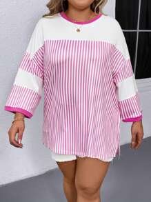 Camiseta informal holgada de mujer talla grande con cuello redondo, hombros caídos y rayas - Multicolor - Ver 6