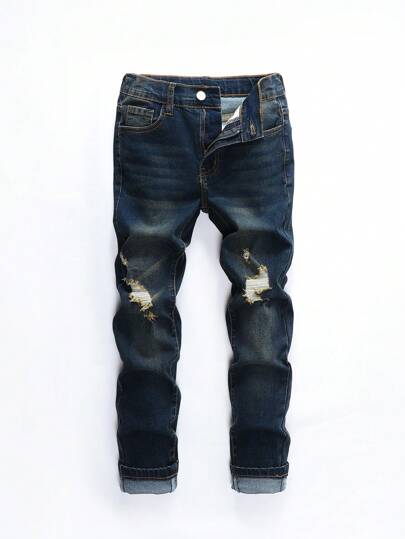 SHEIN Tween Boy Casual Modern Street Fashion Cat Whisker Distressed Ripped Adjustable Elastic Waist 5-Pocket Stretch Skinny Jeans, All Year Round Essential Versatile Denim Item Chic Outfits For Autumn/Winter