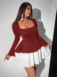 Viva Relle Plus Size Women's Contrast Color Ruffle Trim Square Neck Long Sleeve Elegant Dress - Burgundy - View 4