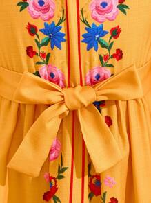 Young Girl' Yellow Abaya Kaftan Jalabiya Tunic, Elegant Modest Clothing For Ramadan & Eid Al-Adha, Holiday Dress With Sash Waist Tie And Printed Pattern - Multicolor - View 6