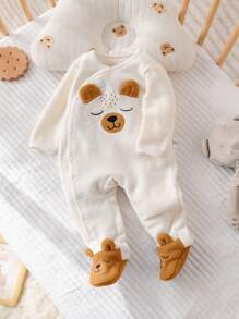 SHEIN 新生男婴秋冬可爱卡通刺绣 3D 耳朵装饰前按扣羊毛连脚睡衣连体衣 - 彩色 - 查看 3