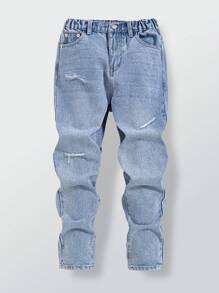 大童中号洗水蓝宽松破洞休闲时尚牛仔裤 - 中等水洗藍 - 查看 4