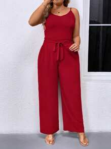 Plus Size Solid Color Spaghetti Strap Casual Top And Pants 2 Pieces Set - Red - View 4