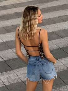 SHEIN EZwear Leopard Sequin Women's Backless Tie-Strap Sexy Camisole - Multicolor - View 1