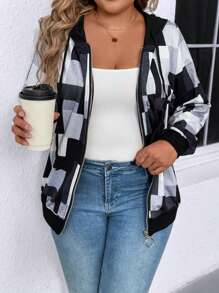 INAWLY Sudadera casual con capucha y cremallera con estampado geométrico para mujer talla grande, primavera y otoño, para graduación, maestros y vuelta al colegio en otoño e invierno - Multicolor - Ver 5