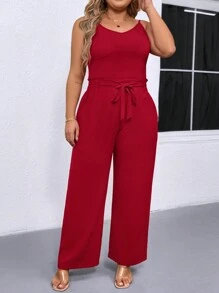 Plus Size Solid Color Spaghetti Strap Casual Top And Pants 2 Pieces Set - Red - View 6