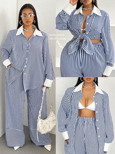 Maweii 大码休闲条纹衬衫和裤子两件套，秋季