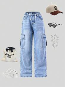 SHEIN Explorewe Teen Girls Vintage Street Style High Waist Drawstring Loose Comfortable Wide Leg Jeans - Light Wash - View 4
