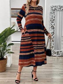 EMERY ROSE Vintage Asymmetrical Striped Long Sleeve Knit Dress, Plus Size Women Modest Dresses For New Year - Multicolor - View 1