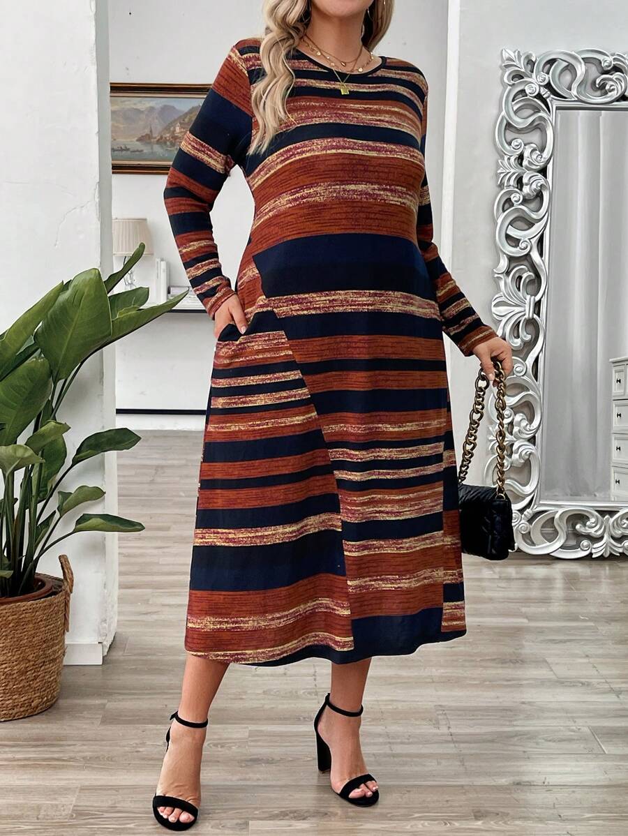 EMERY ROSE Vintage Asymmetrical Striped Long Sleeve Knit Dress, Plus Size Women Modest Dresses For New Year - Multicolor - View 1