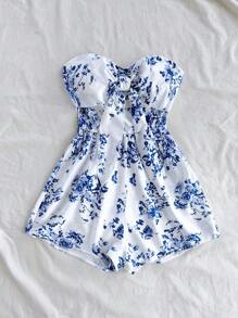 Soleia Women's Floral Print Strapless Jumpsuit, Suitable For Vacation - Blue and White - View 5