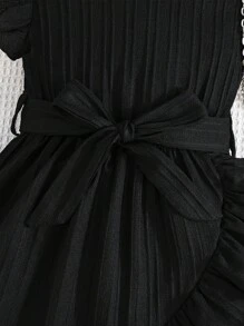 SHEIN Elladie kids Váy xòe đơn giản thoải mái cho bé gái kèm phụ kiện thắt lưng, mùa hè - màu đen - Xem 7