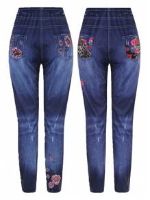 2pcs Floral Print Denim Effect Pants - Blue - View 2