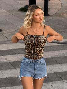 SHEIN EZwear Leopard Sequin Women's Backless Tie-Strap Sexy Camisole - Multicolor - View 3