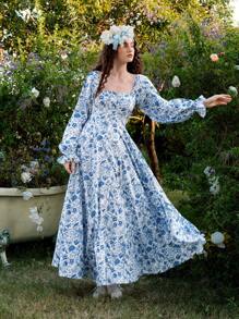 SHEIN MOD 蓝白花卉印花优雅泡泡袖长裙，节日派对礼服 - 藍白色 - 查看 3