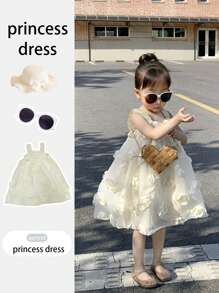 SHEIN Ramadan Young Girls & Elegant Ivory 3D Floral Strap Dress, New Spring/Summer Design