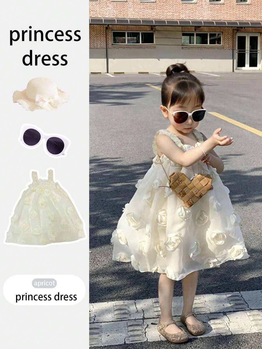 SHEIN Ramadan Young Girls & Elegant Ivory 3D Floral Strap Dress, New Spring/Summer Design