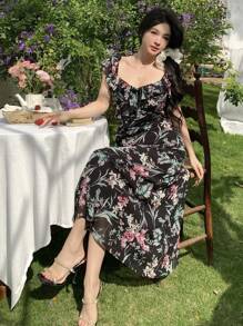 DAZY Vestido de gasa con estampado floral pequeño, vestido corto de manga corta con volantes y estampado floral pequeño por todo el vestido para mujeres, outfit para crucero