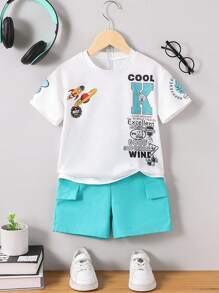 SHEIN Explorewe 2 pezzi Set di magliette a girocollo con stampa di lettere graffiti casual e pantaloncini verdi menta intessuti, stile sportivo da basket, per ragazzi per la festa dell'Eid Mubarak