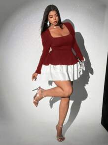 Viva Relle Plus Size Women's Contrast Color Ruffle Trim Square Neck Long Sleeve Elegant Dress - Burgundy - View 3