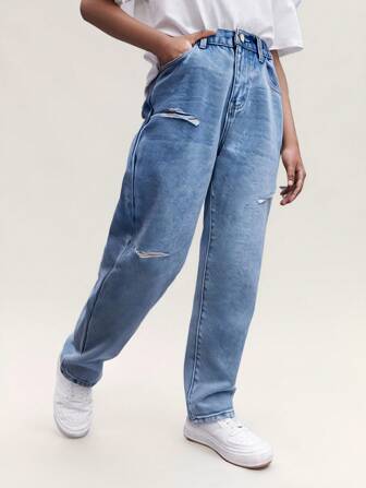 Jeans décontractés relaxes avec déchirures, lavage bleu moyen, pour garçons plus âgés