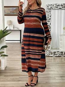 EMERY ROSE Vintage Asymmetrical Striped Long Sleeve Knit Dress, Plus Size Women Modest Dresses For New Year - Multicolor - View 3