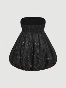 SHEIN MOD 大码夏季黑色亮片褶皱胸围抹胸泡泡裙，适合约会、派对、节日、晚礼服 - 黑色 - 查看 2