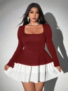 Viva Relle Plus Size Women's Contrast Color Ruffle Trim Square Neck Long Sleeve Elegant Dress - Burgundy - View 2