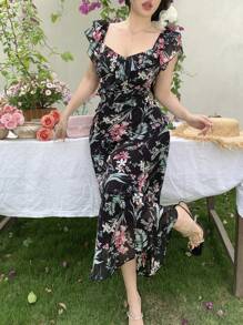 DAZY Vestido de gasa con estampado floral pequeño, vestido corto de manga corta con volantes y estampado floral pequeño por todo el vestido para mujeres, outfit para crucero