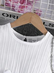 SHEIN Elladie kids 年轻女孩舒适休闲荷叶边下摆连衣裙，配有可拆卸腰带，夏季 - 白色 - 查看 5