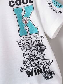 SHEIN Explorewe 2 pezzi Set di magliette a girocollo con stampa di lettere graffiti casual e pantaloncini verdi menta intessuti, stile sportivo da basket, per ragazzi per la festa dell'Eid Mubarak