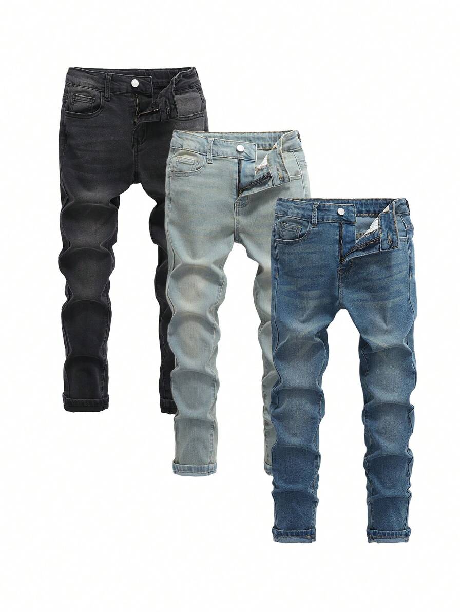 3pcs Tween Boy Streetwear Casual Washed Indigo, Medium Blue, Light Blue Denim Jeans Chic Outfits For Autumn/Winter