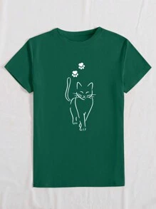 INAWLY Camiseta casual de manga corta de cuello redondo con estampado de gato de dibujos animados para mujeres