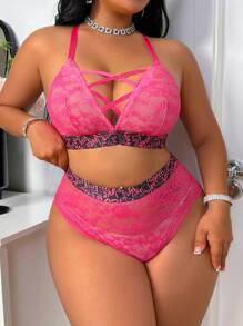 2pcs Romantic Sexy Energetic Floral Lace Letter Print Criss-Cross Magenta Sheer Wireless Bralette And High-Waisted Panty Plus Size Lingerie Set